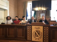 I collaboratori del Co-Working Domenico Di Felice, Cesare Di Flaviano e Stefano Palazzese insieme al Presidente Di Sabatino ed al Consigliere Delegato in materia Mirko Rossi