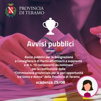 La Provincia ha bandito gli avvisi pubblici per il rinnovo della Commissione Pari Opportunità e per la designazione della Consigliera di Parità